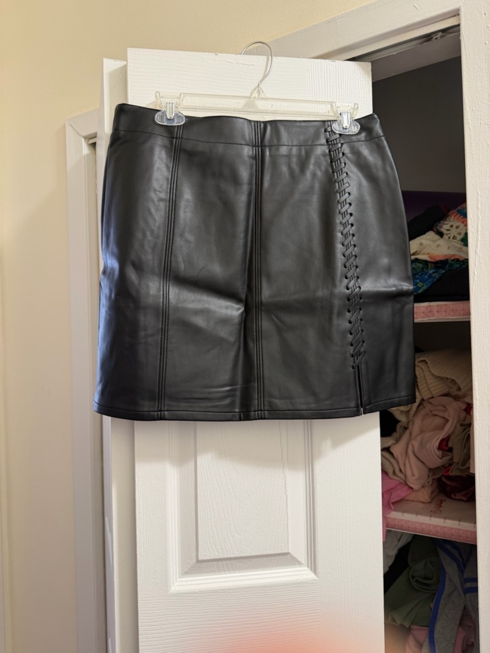 French Connection Black Faux Leather Lace-Up Side Mini Skirt
